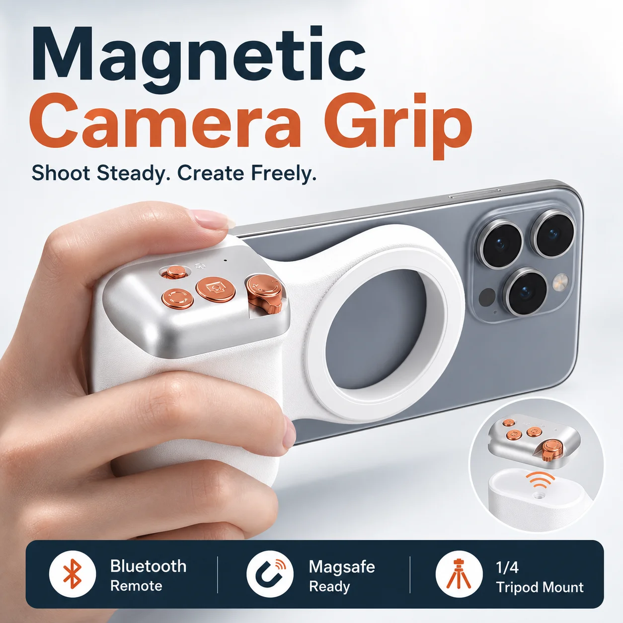 

Magnetic Phone Camera Grip Bluetooth Remote Shutter Magsafe Handle 1/4 Tripod Mount for Vlog Selfie