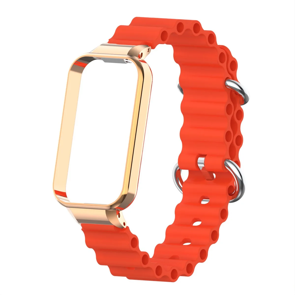2in1 Wavy Silicone Strap+Rose Gold Case Suit for Redmi Band3 and Miband9 Active Metal Protective Cover and Silicone Strap