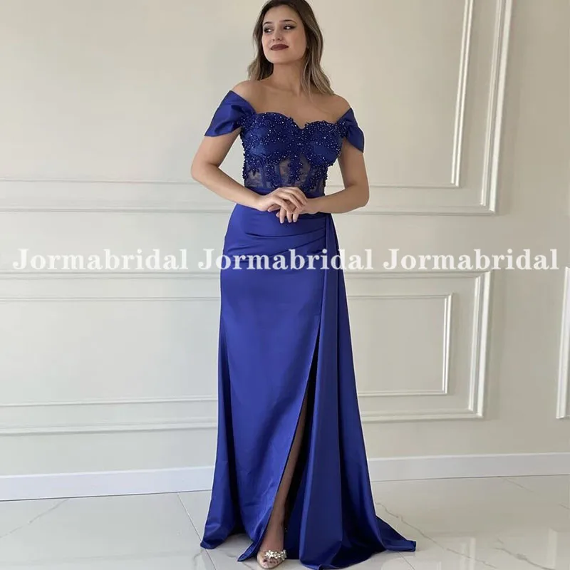 Customized Off the Shoulder Royal Blue Evening Dresses With Beaded Applique Sweetheart Neck Side Split Mermaid Long Party Dress