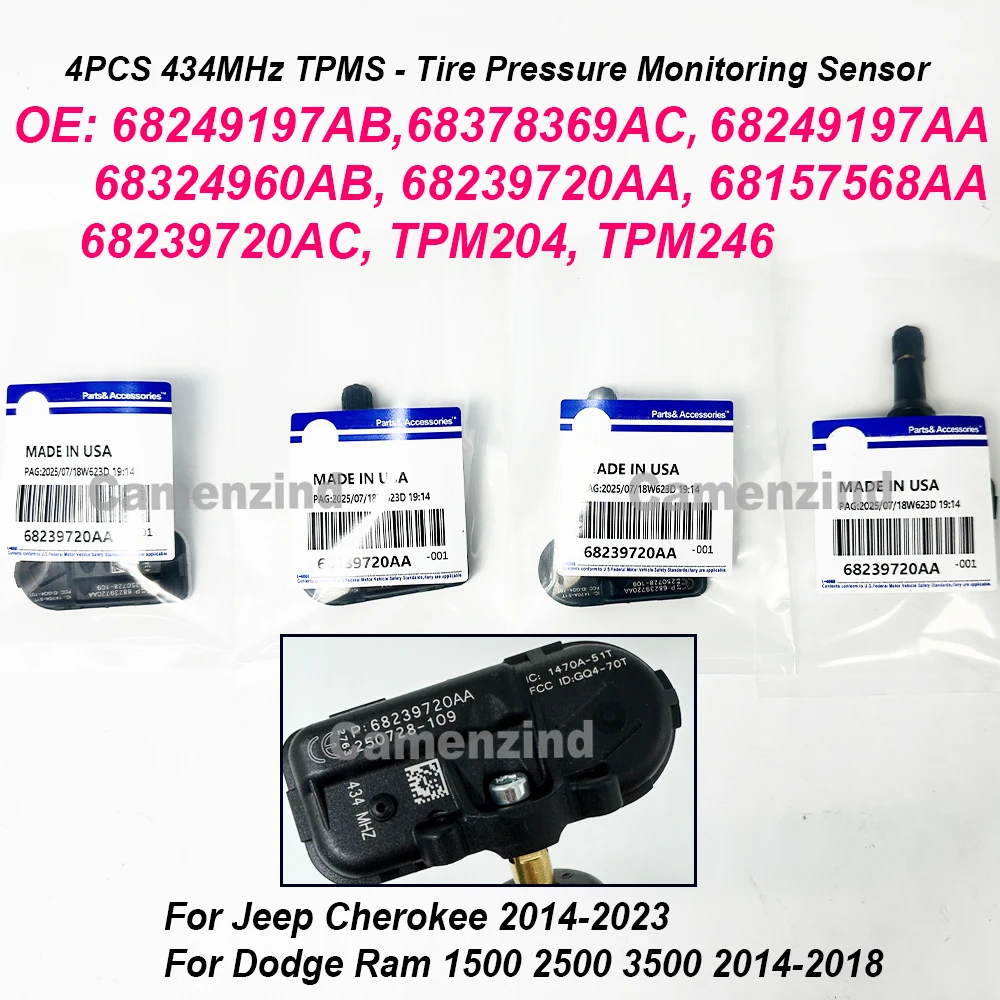 

4 шт. TPMS 434 МГц 68378369AF 68249197AB 68249197AA 68239720AA новый для Jeep Cherokee 2014-2023 Dodge Ram 1500 2500 3500 2014-2018