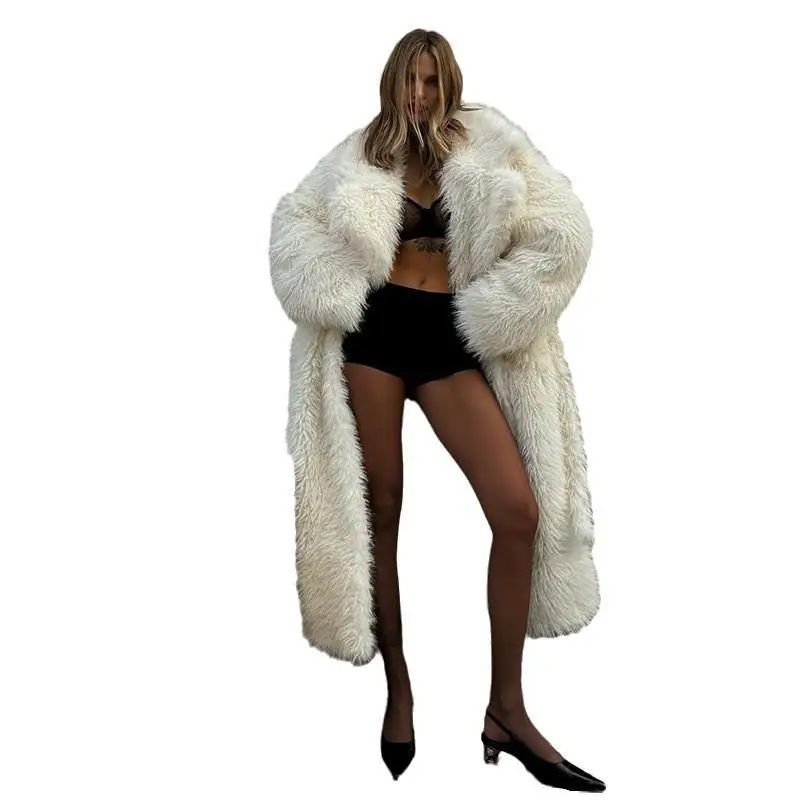 Elegant White Faux Fur Coat Extended Length Eco-friendly Winter Outerwear for Women Long Sleeve Waist-cinched Style