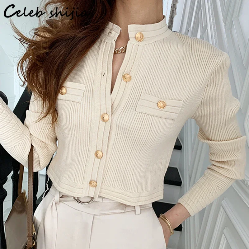 Chic Black Knitted Cardigan Women  Cropped Sweater Office Ladies Business Golden Button Business Short Sweater Woman Tops