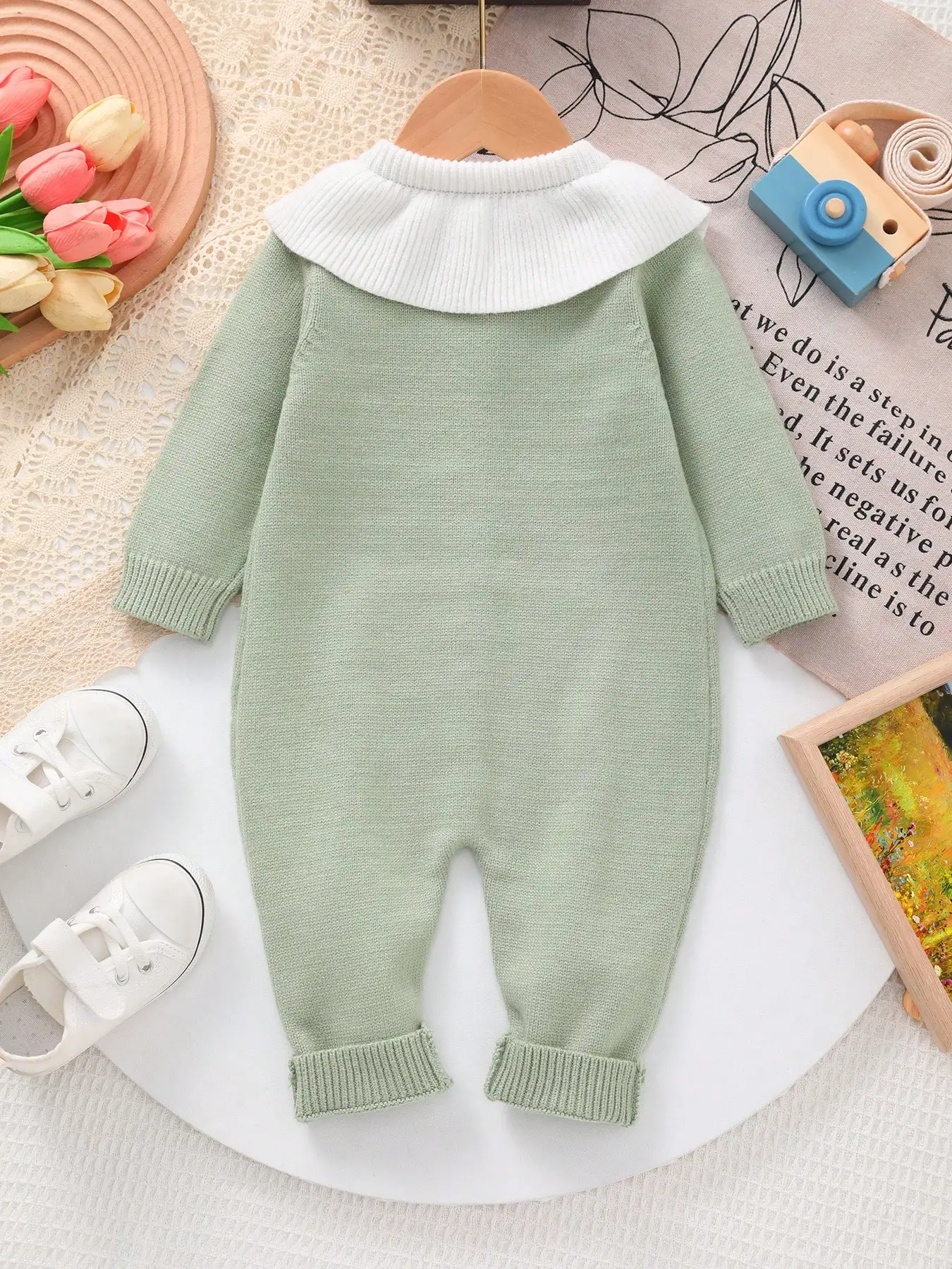 Baby Girl Knitted Embroidered Floral Long-Sleeve Diamond Plaid Twist Pattern Romper Jumpsuit
