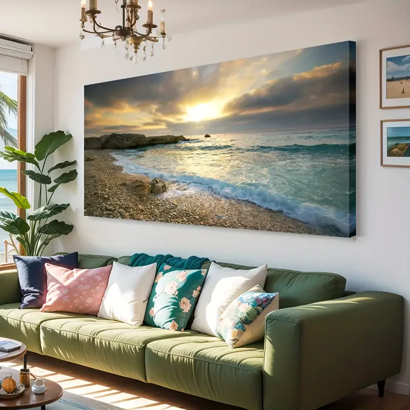 

Large Modern Canvas Wall Art - Vibrant Sunset Beach Scene with Blue Waves, Ocean View, Framed and Ready to Hang for Home