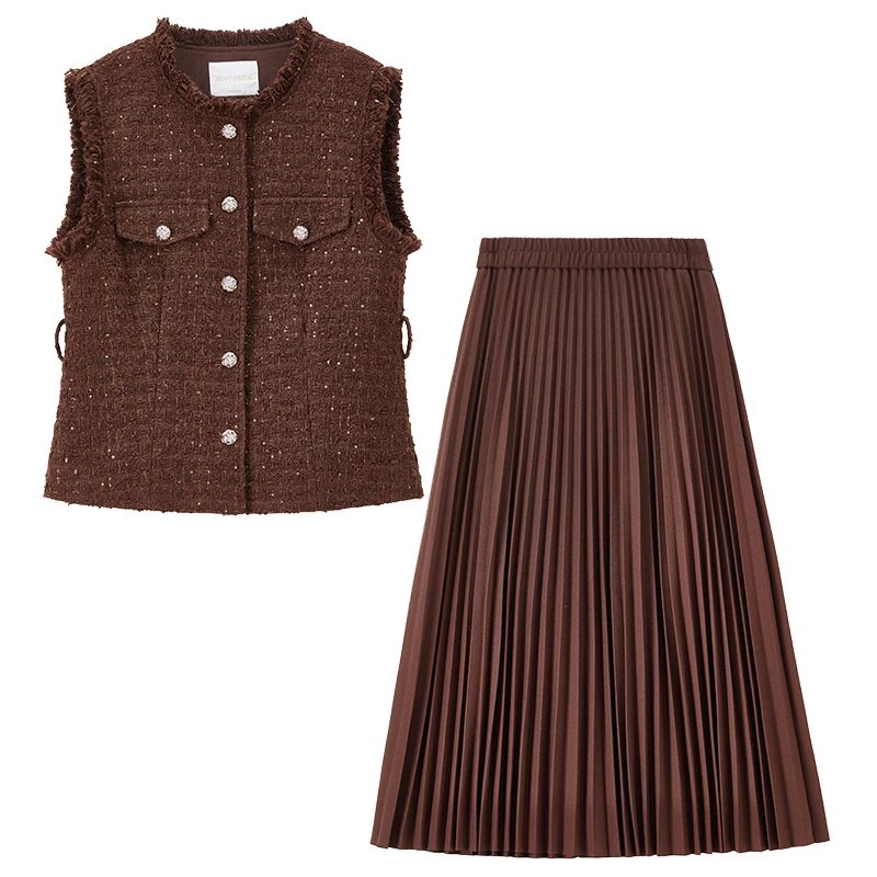 SENTUBILA Set coordinato gratuito da donna 2025 autunno gilet in tweed e gonna a trapezio in vita elastica set casual da ufficio a due pezzi ﻿ 154ZA3673