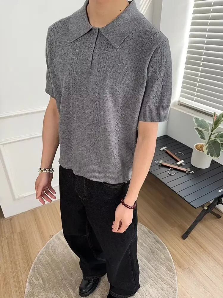 

American Retro Knitted irt ort Sve f Sve Turn-down Collar Cleanfit Casual Summer Faion Youth Leisure Sle