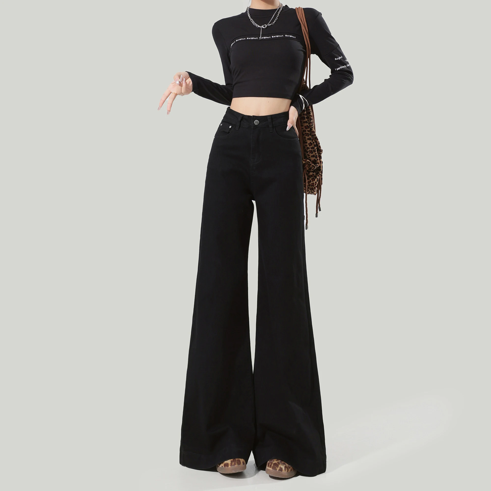 

Thickened Fleece High Waist Wide Leg Black Denim Jeans Women Loose Slimming Not Sticky Legs Warm Winter Floor-Length Micro Fl...