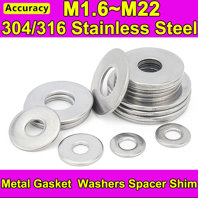 316/304 Stainless Steel Flat Washer Metal Gasket Meson Sealing Plain Washers(M1.6 M2 M2.5 M3 M4 M5 M6 M8 M10 M12 M14-M22)
