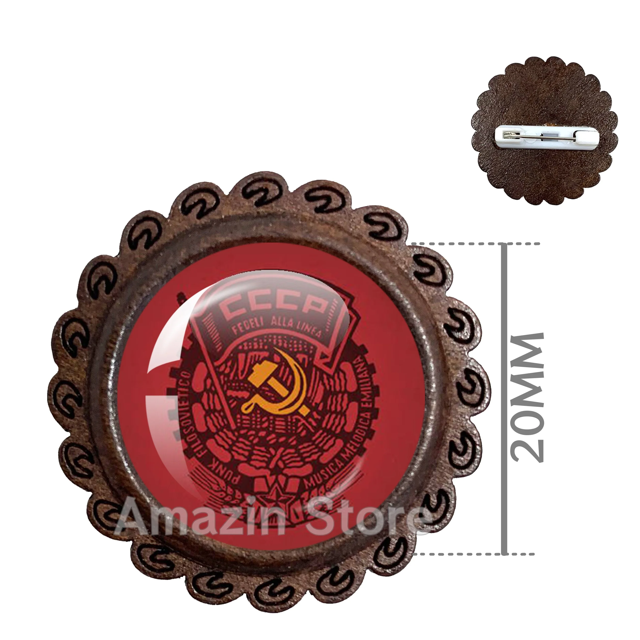 Vintage USSR Bolshevik Communism 20MM Round Glass Cabochon Brooch CCCP Vintage Wooden Brooch Jewelry Gift