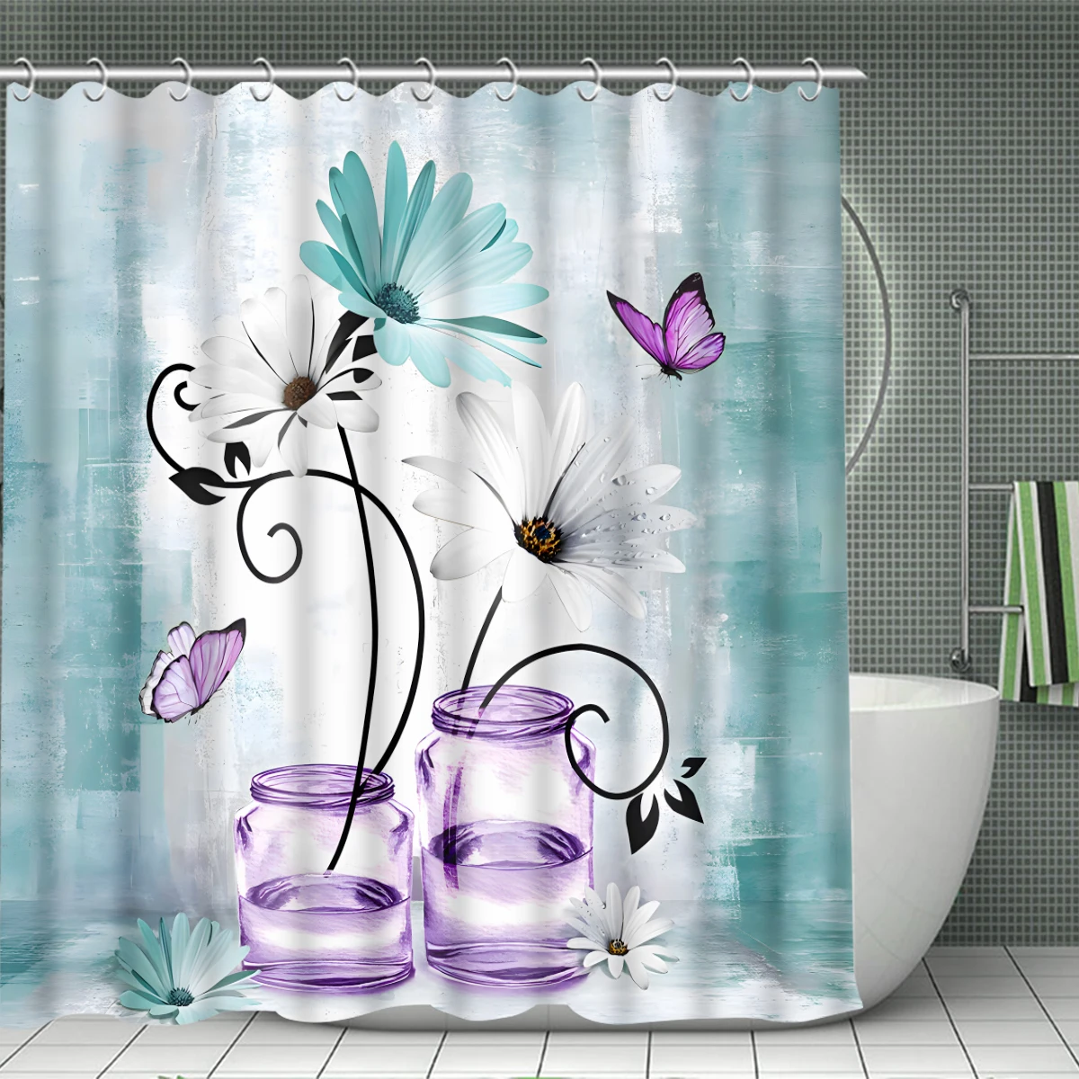 1/4 Piece Shower Curtain Set, Waterproof Bathroom Partition Curtain with Hooks, Anti-Slip Bath Rug, U Shape Mat, Toilet Seat Cov