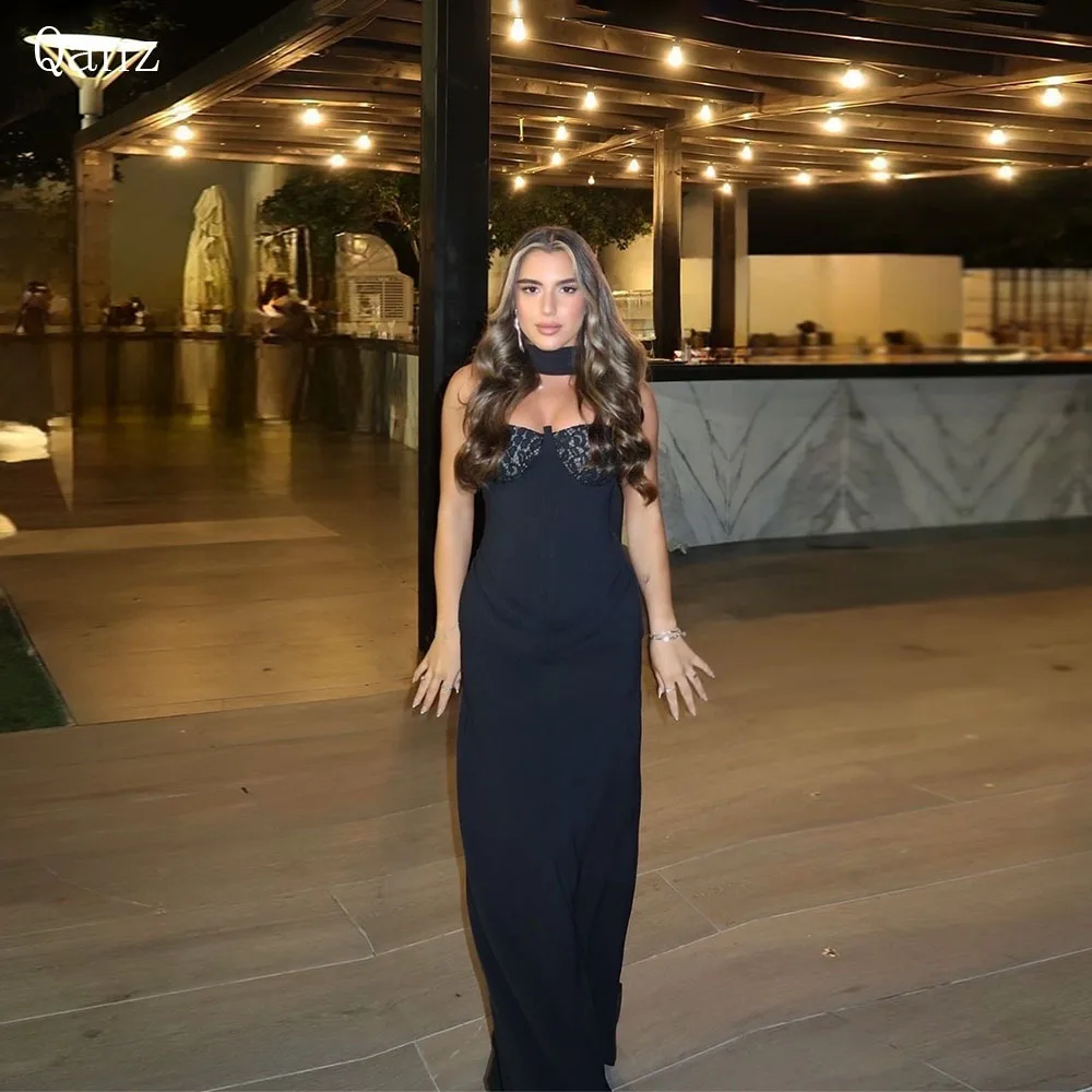 

Qanz Sexy Black Satin Evening Dresses Mermaid Lace Sweetheart Vestidos De Gala De Noche Party Dresses Woman Customized