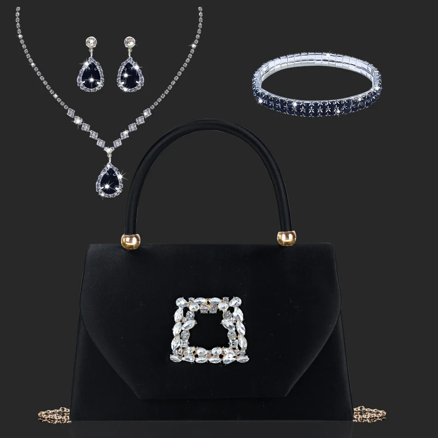 Elegant and gorgeous polyester classy banquet party handbag for women with sparkling rhinestone necklace, earrings and bracelet