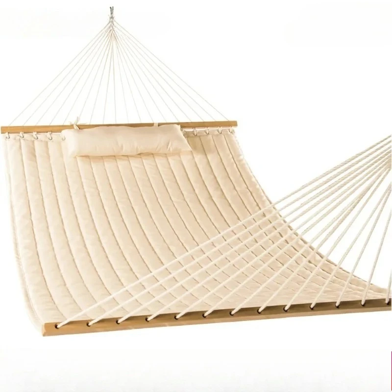 12 FT Double Quilted Fabric Hammock with Spreader Bars and Detachable Pillow, 2 Person  for Outdoor Patio Backyard