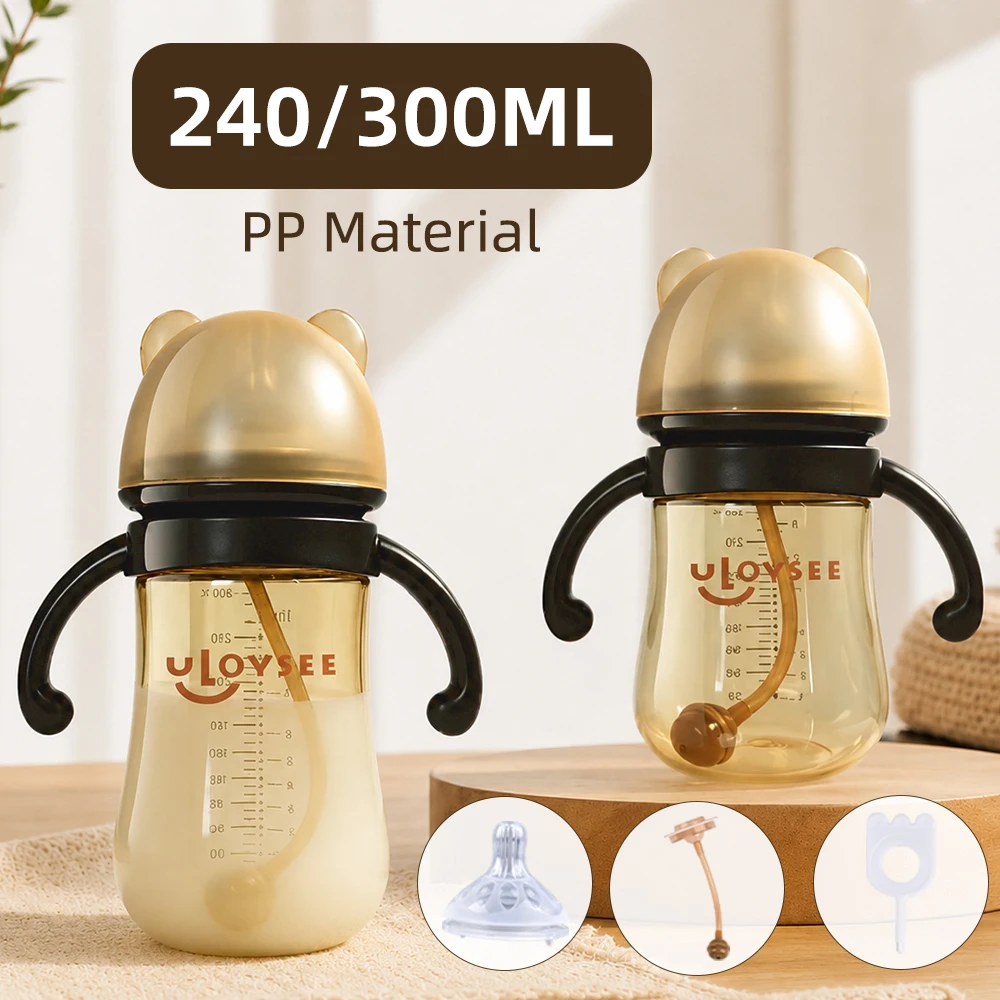 

Bear PP Baby Bottle with Handles Gravity Ball Straw Wide Neck Feeding Bottle Toddler Training Cup for Babies Newborns