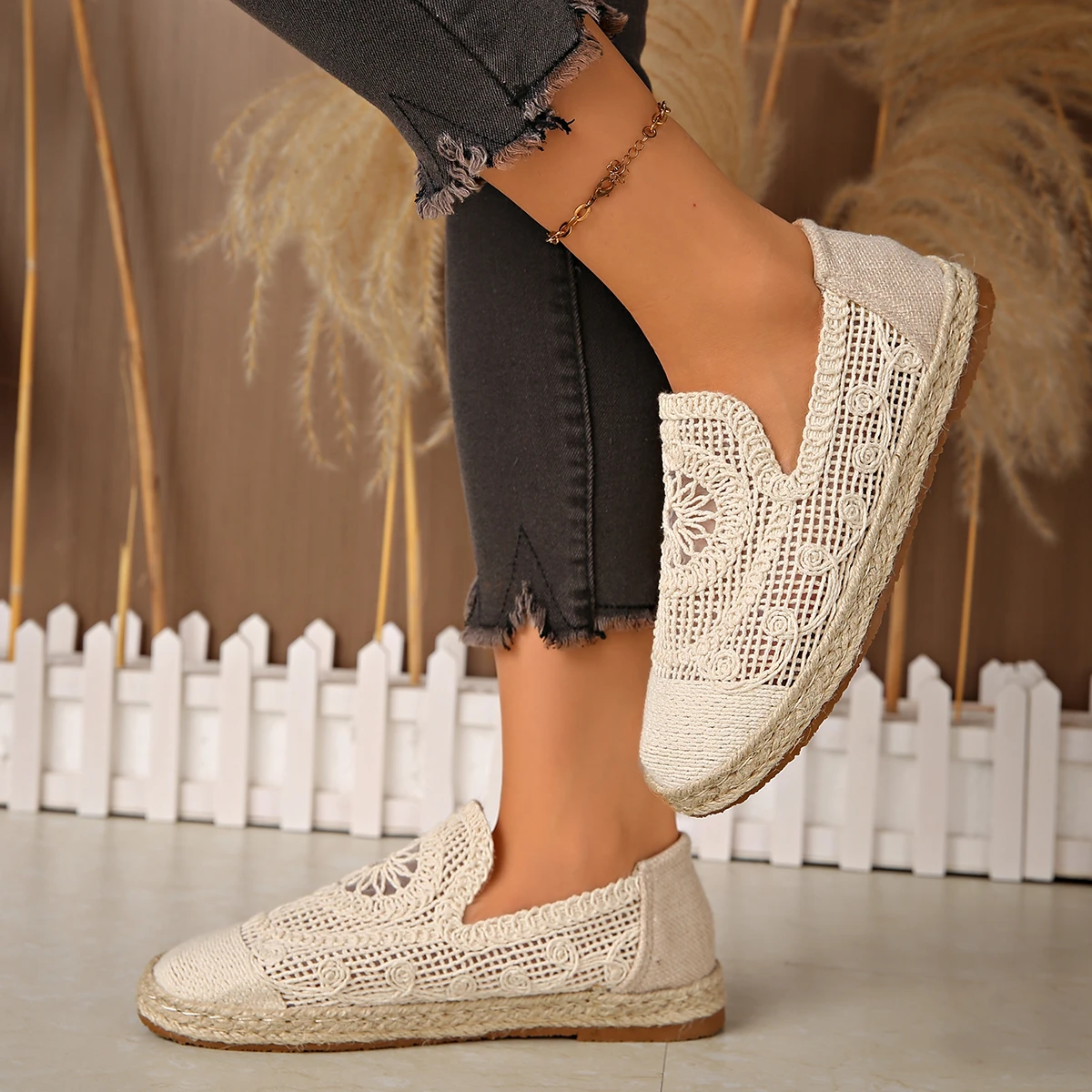 Brand Design Crochet Lace Espaddrilles Women Elegant Flat Linen Net Loafers Ladies Summer Breathable Fisherman Moccasins Shoes
