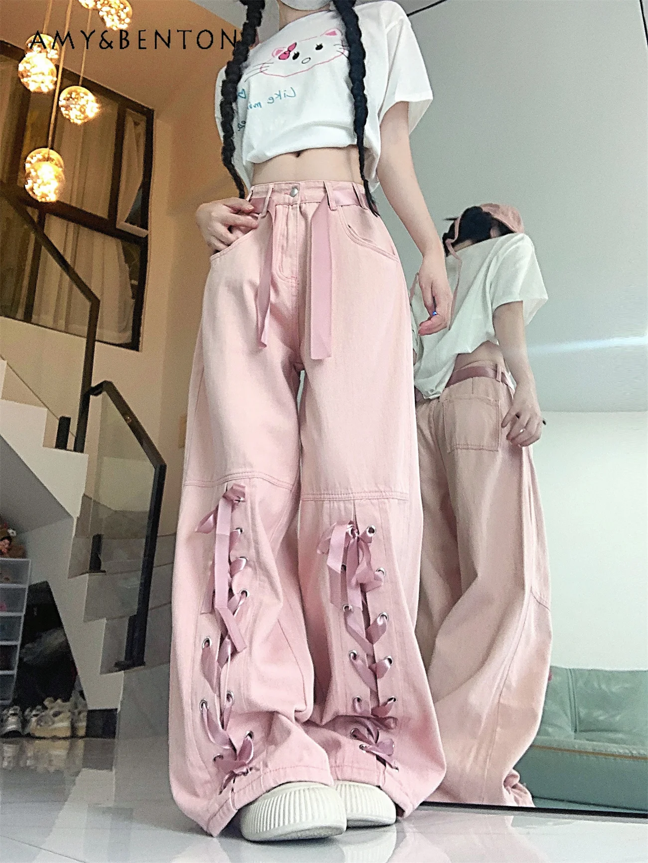 Dopamine Girl Bow Tie Strap Loose Cargo Jeans Women Spring Autumn New Sweet Cool High Waist Slim Fit Hot Girl Y2K Long Pants