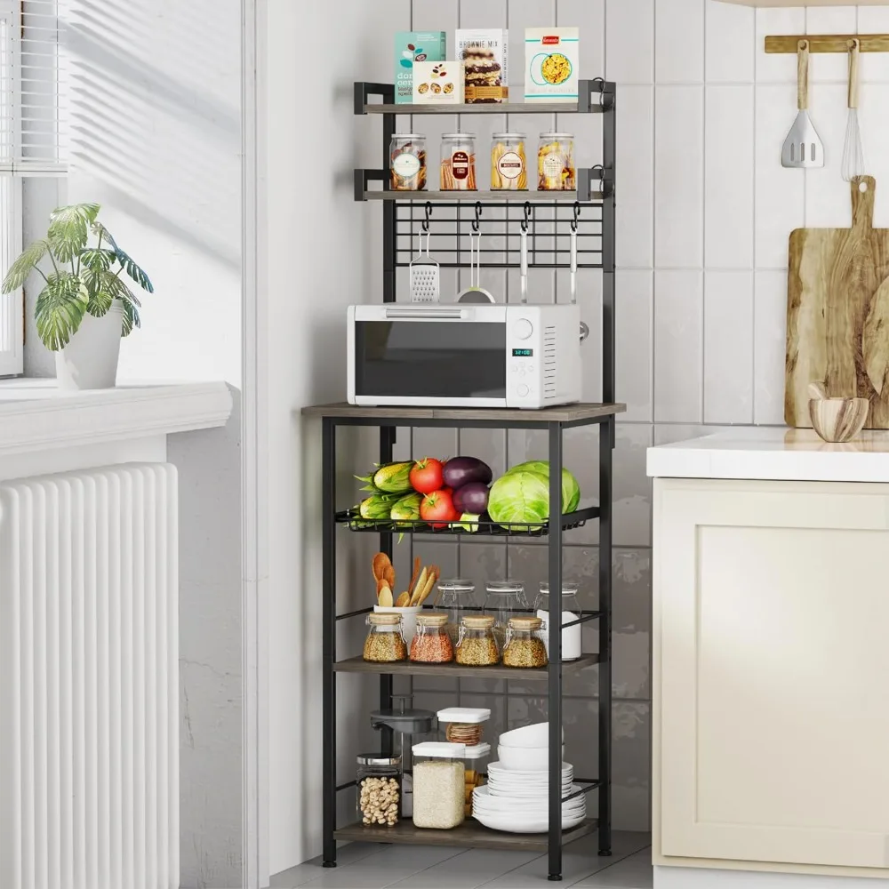 

SWTYMIKI Coffee Bar Station Rack - Bakers Rack Corner Coffee Stand Station, Bar Cabinet for Kitchen with Hooks Grey