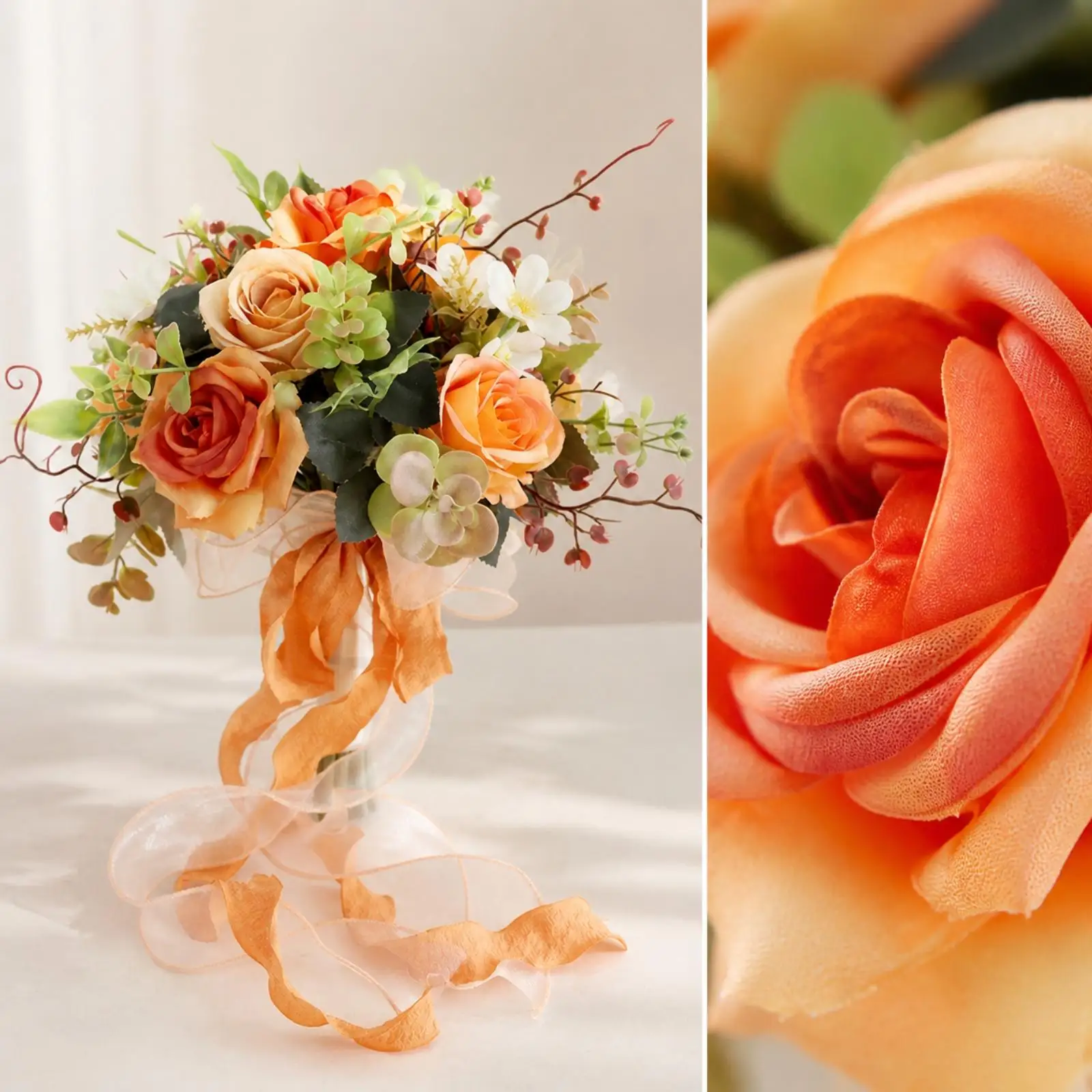Elegant Silk Rose Wedding Bouquet Hand Held Nosegay with Pearl Bead Accents and Ribbon Trails for Bridal Accessories