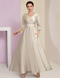 A-Line Mother of the Bride Dress Formal Wedding Guest Elegant V Neck Satin 3/4 Length Sleeve with Pleats Ruched 2024