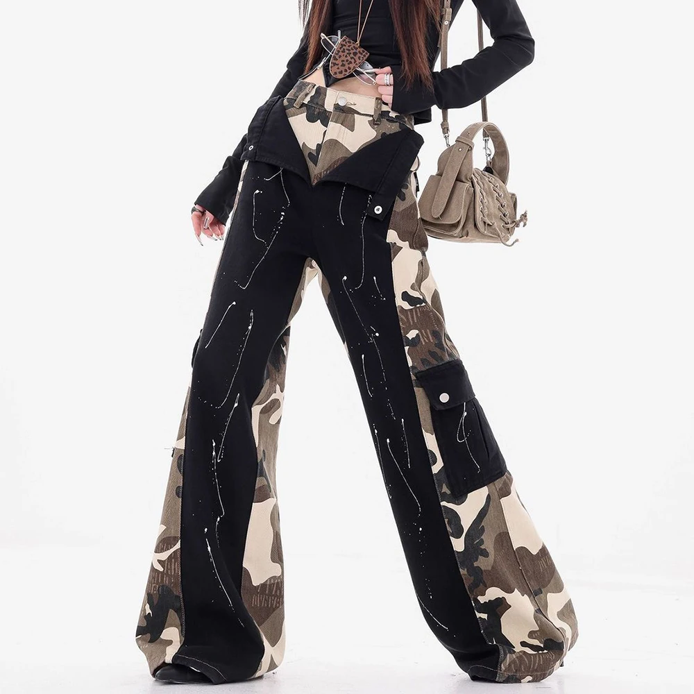 

Slightly fat custom retro washed printed jeans women's large size autumn street new jazz dance wide-leg trousers