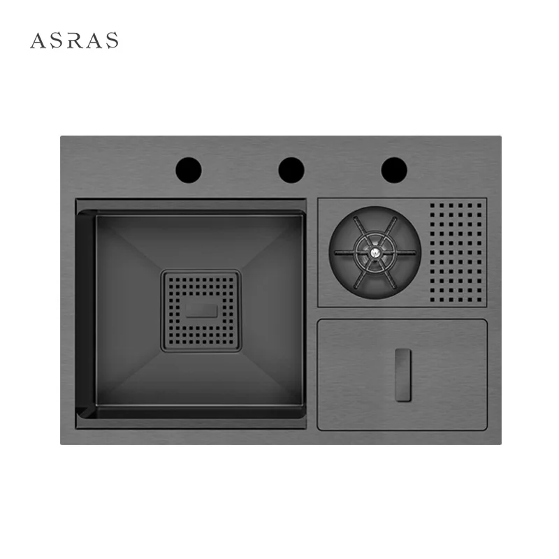 

Asras SUS304 black nano hand-made cup rinser sink with trash can and hidden cover-6042NX-3