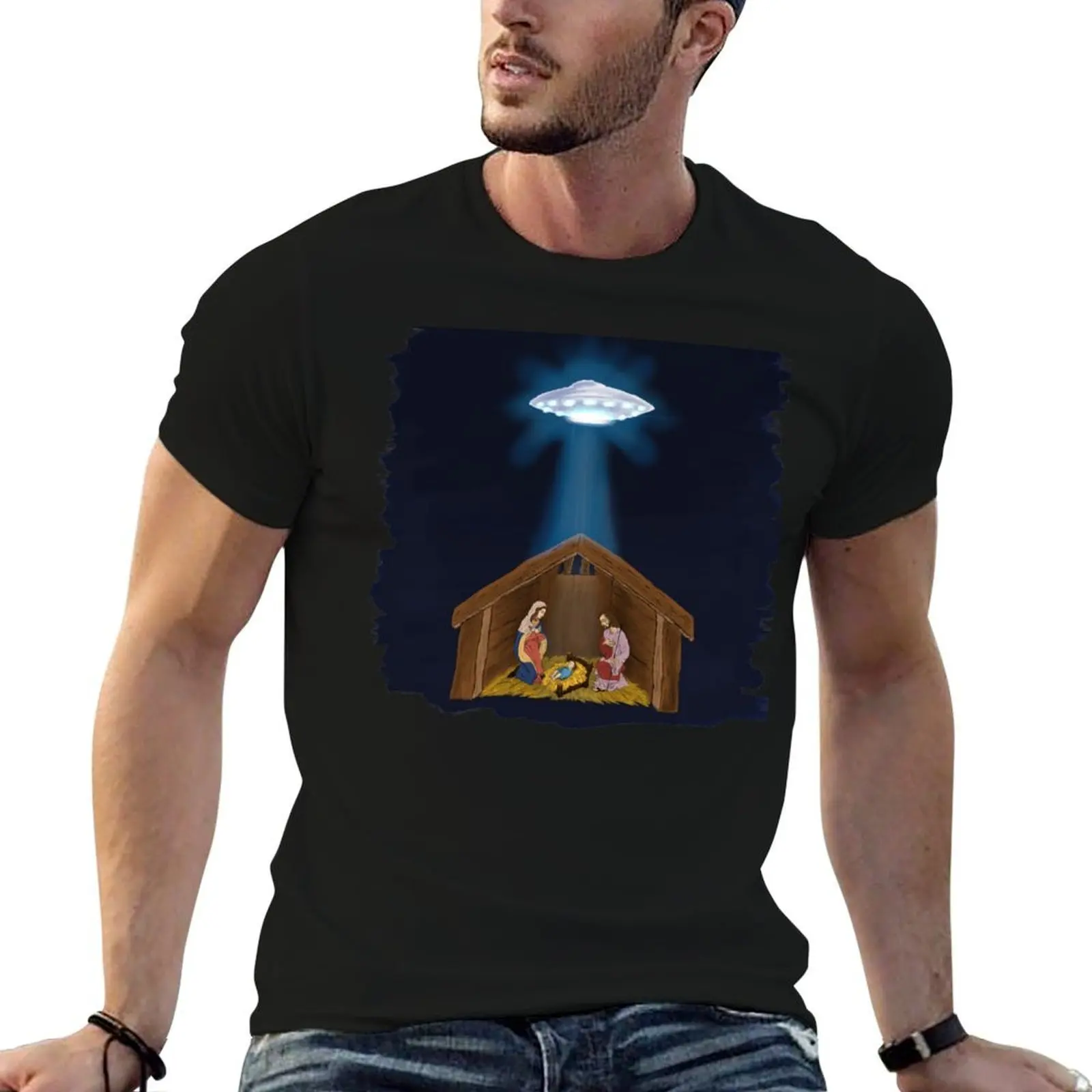 Jesus Nativity With UFO Star T-Shirt Clothing luxury designer T-shirts for men cotton