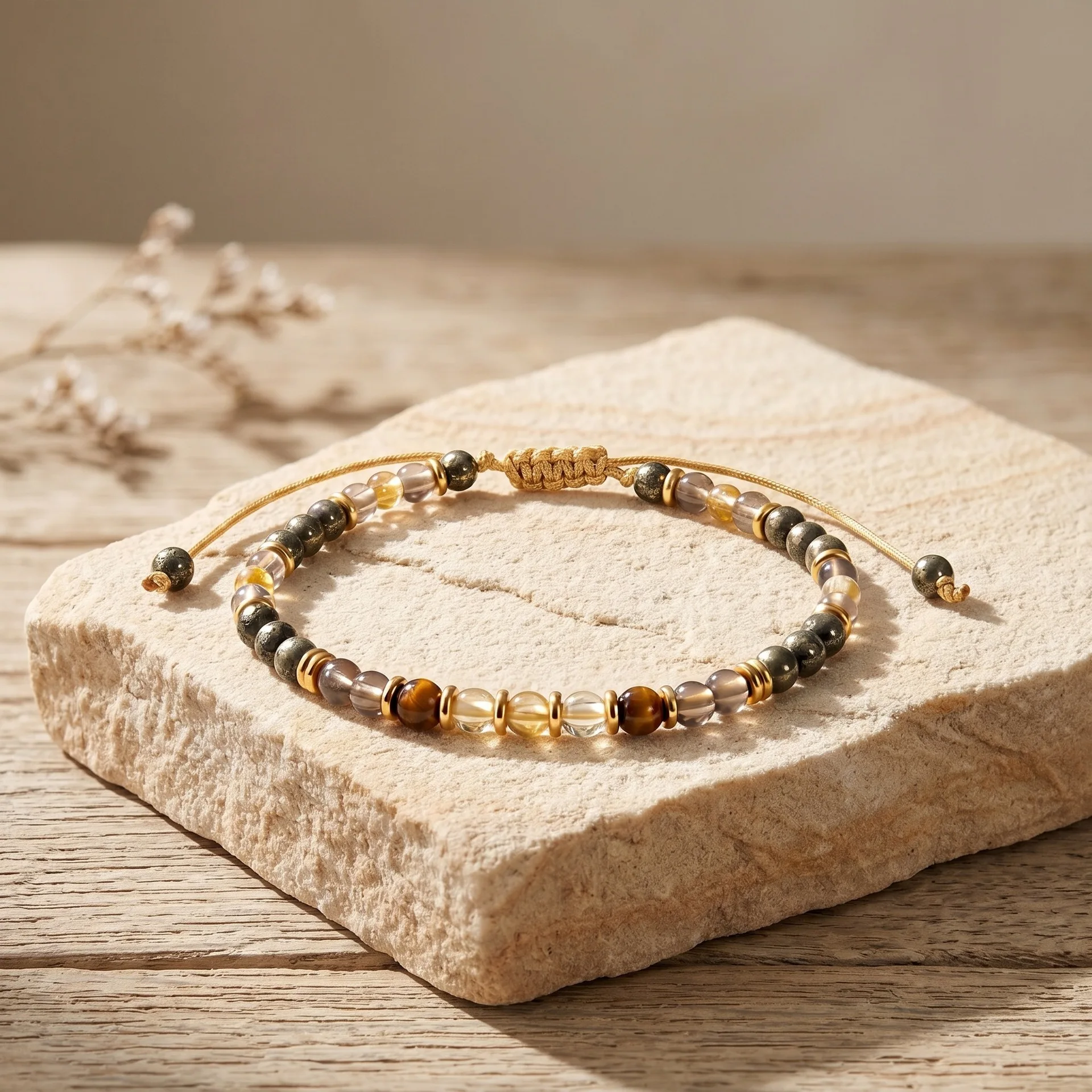 Chinese Style Lucky Wealth Attracting 4mm Pyrite Tiger Eye Clear Quartz Beaded Bracelet Adjustable Braided Rope Good Luck Blessi
