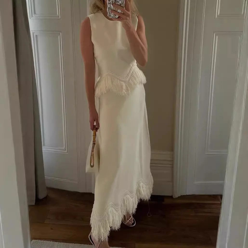 

Socialite Banquet Skirt Two Piece Set Temperament Elegant Tassel Patchwork Sleeveless Tops A-line Skirts 2 Piece Sets Female