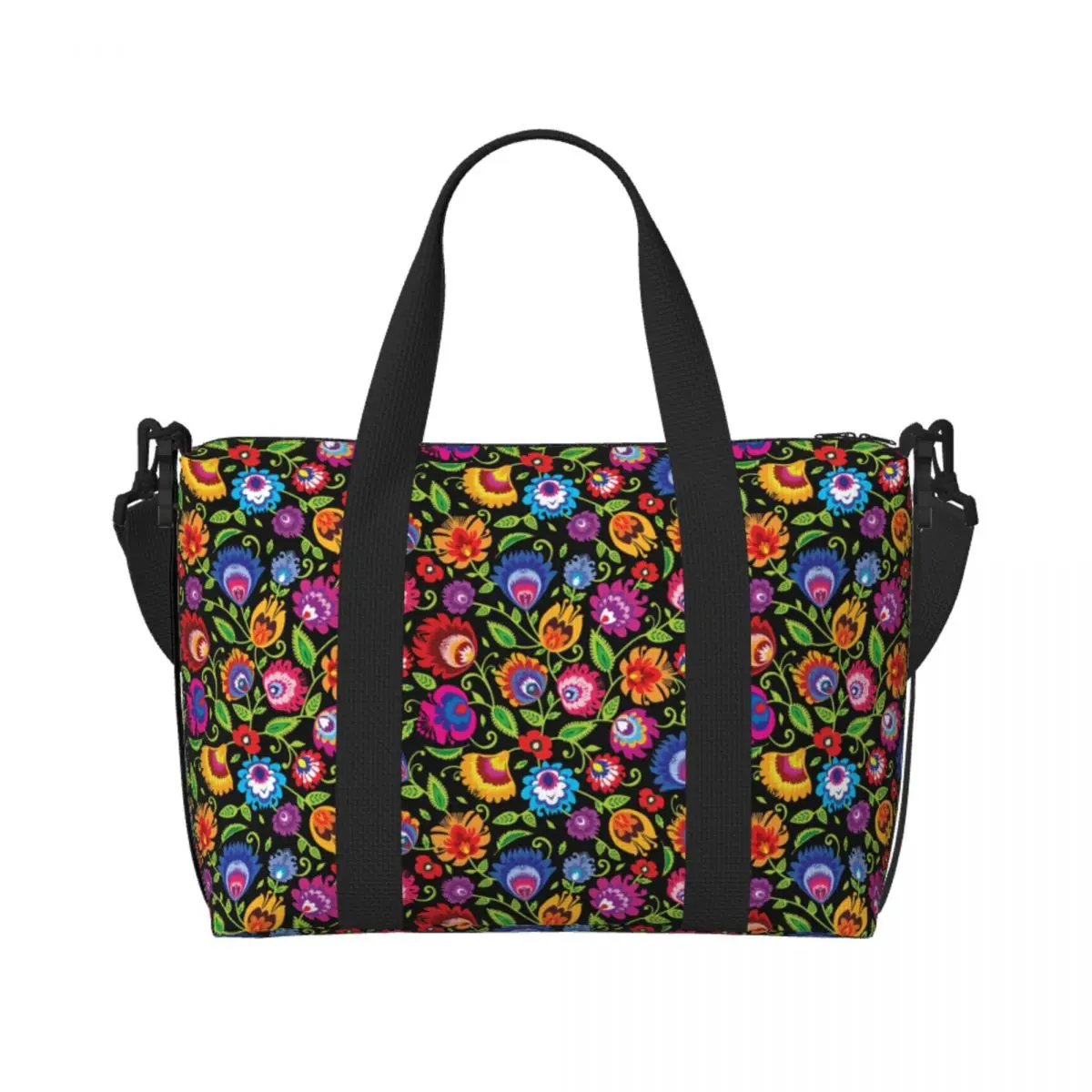 

Изготовленные на заказ яркие народные цветы на черной продуктовой сумке для покупок, женские большие вместительные пляжные дорожные сумки для спортзала