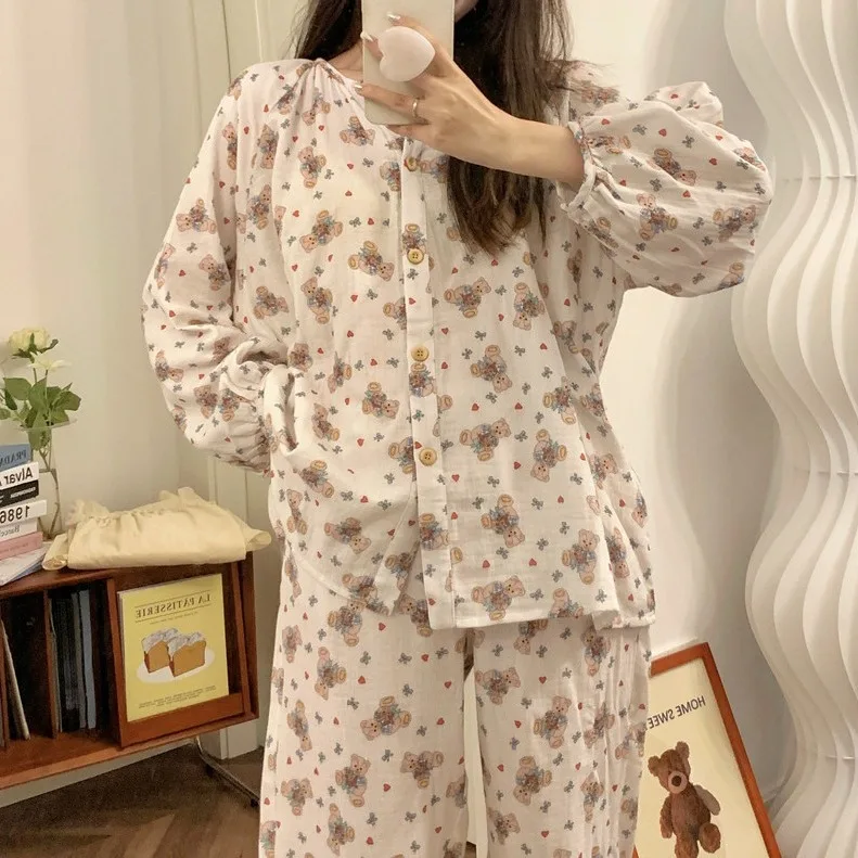 Women\'s Sweet Cute Pajamas Set Female Korean Style Home Clothing Girl Bear Foral Print Sleepwear Long Sleeve Pant Nightwear 2XL