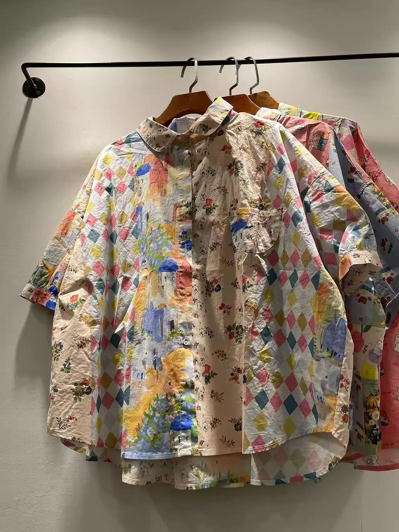 

Bust 138cm Original Cotton Oversized Shirts and Blouses Large Size Tops Women Harajuku Fashion Short Sleeve Print Patchwork Tops