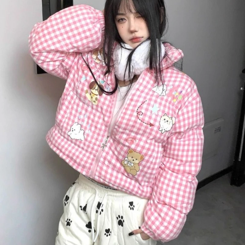

Winter Kawaii Lolita Style Women Parka Top Women Loose Plush Velvet Lined Down Cotton Jacket Sweet Cartoon Cat Print Padded Coat