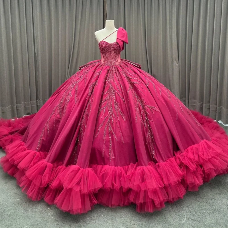 

Red Quinceanera Dresses Ball Gown Off The Shoulder Beading Crystal Bow Tiered Tull Party Birthday Sweet 16 Dress Vestidos 15 De