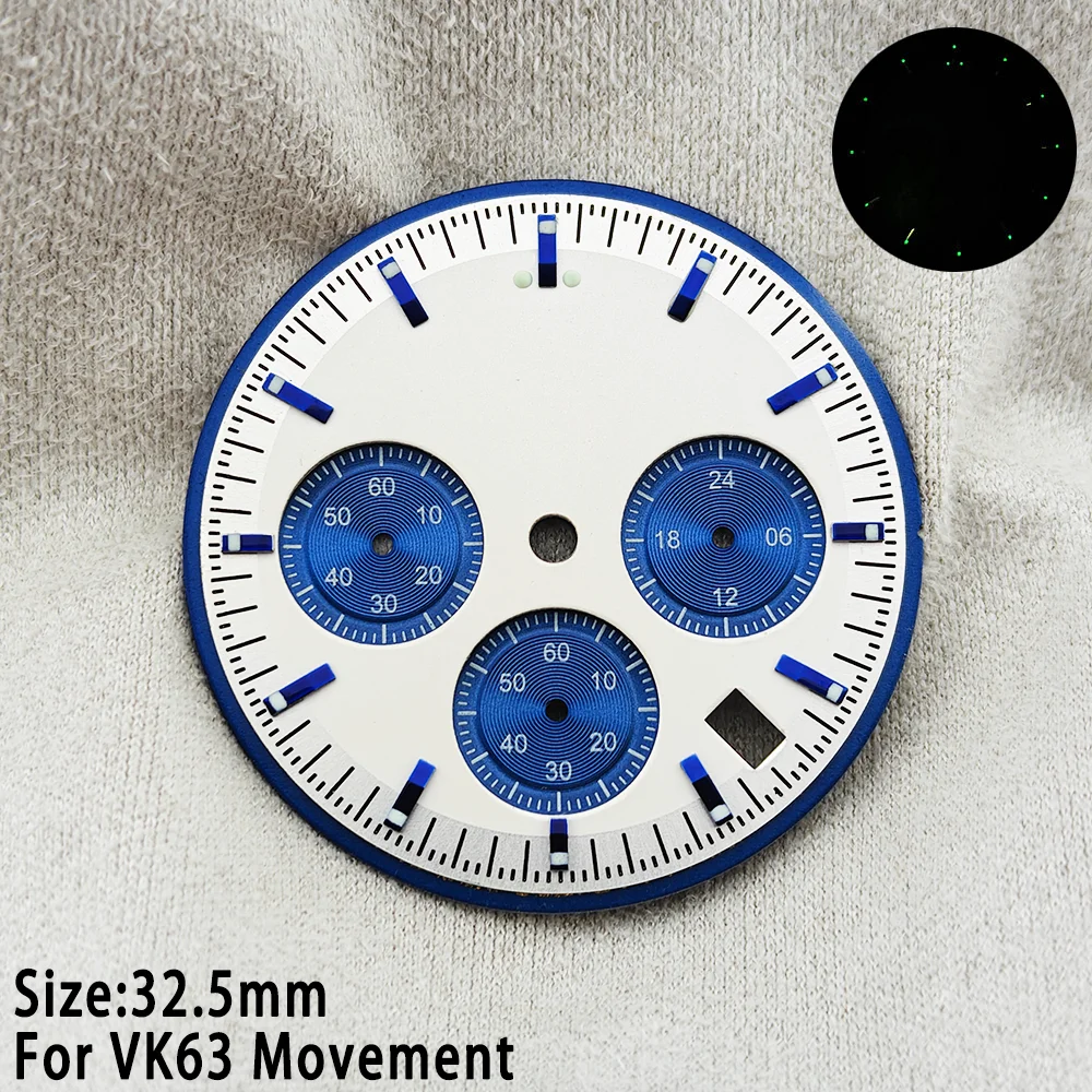 32.5mm For VK63 Dial C3 Green Luminous High-Quality With Calendar Window Suitable For Mineral Crystal Glass Case Watch Accessory