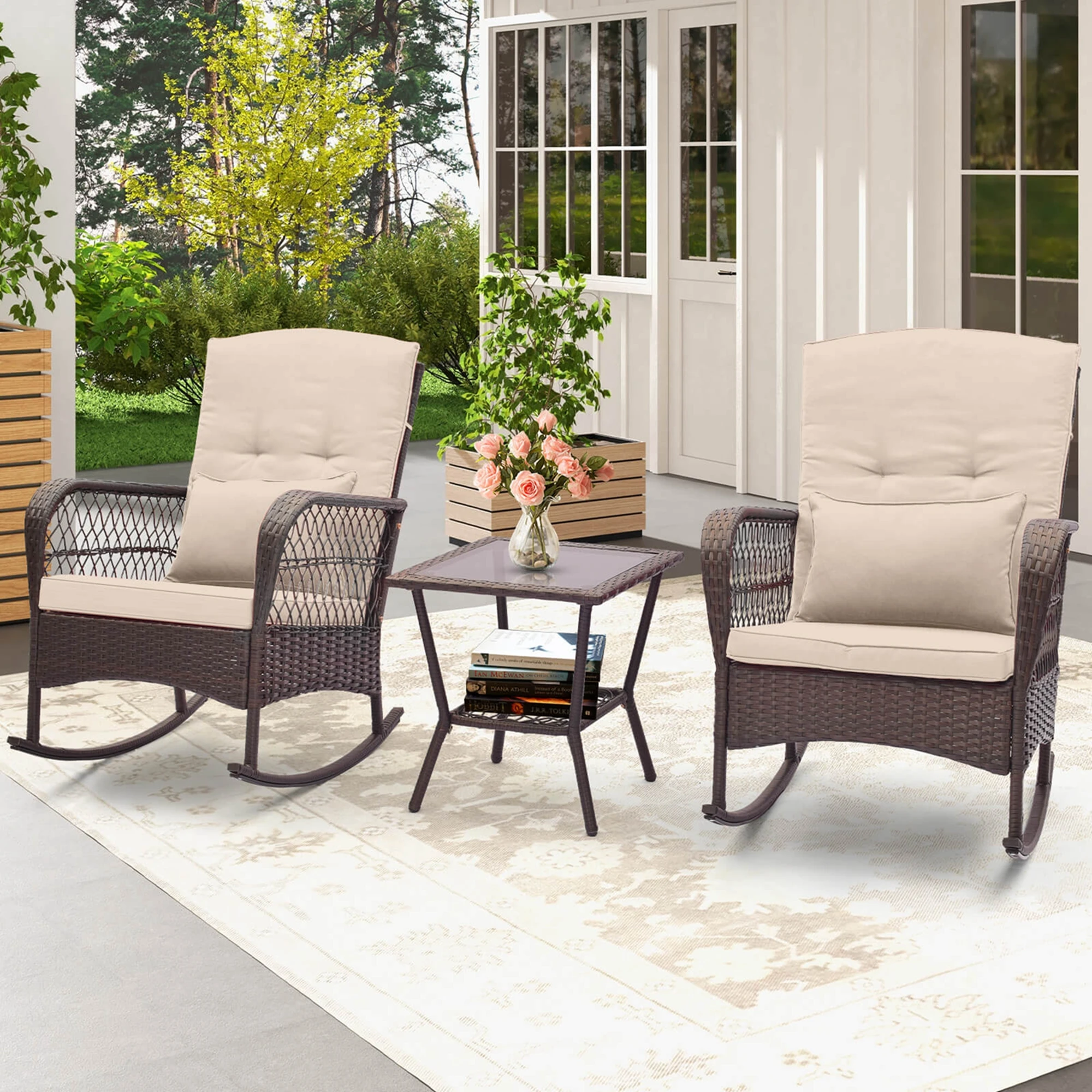 

3 PCS Patio Rocker Set Outdoor Wicker Rocking Chairs with Double-Layer Coffee Table Beige