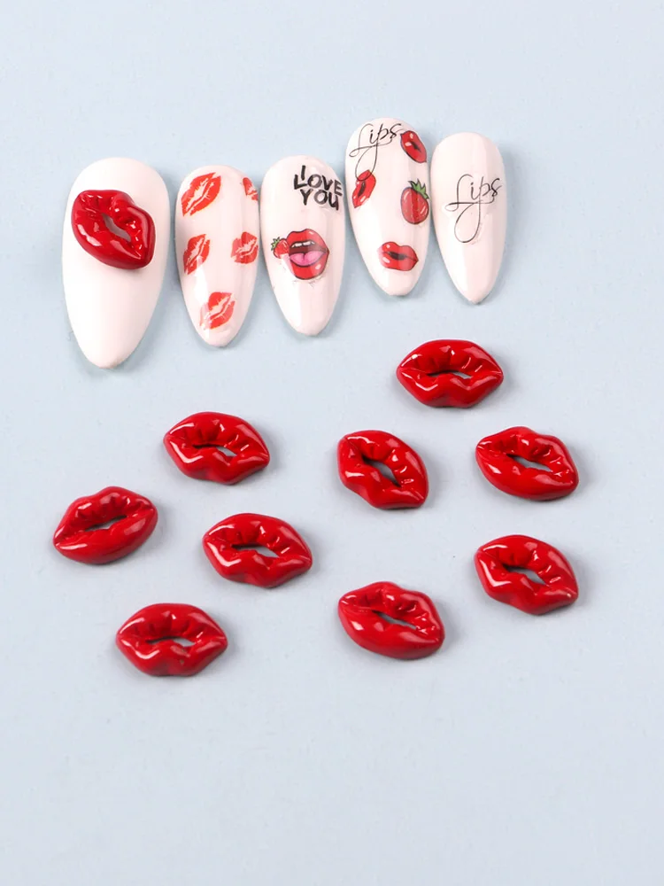 10PCS Red Lip Shape Elegant Nail Charms Nail Art Rhinestones Manicure Jewelry Nail Accessories Decorations