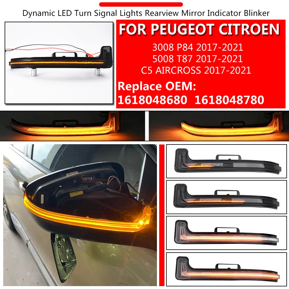 For Peugeot 3008 5008 / Citroen C5 Aircross 2017-2021 Car Dynamic Turn Signal Lamps LED Side Mirror Sequential Lights 2PCS