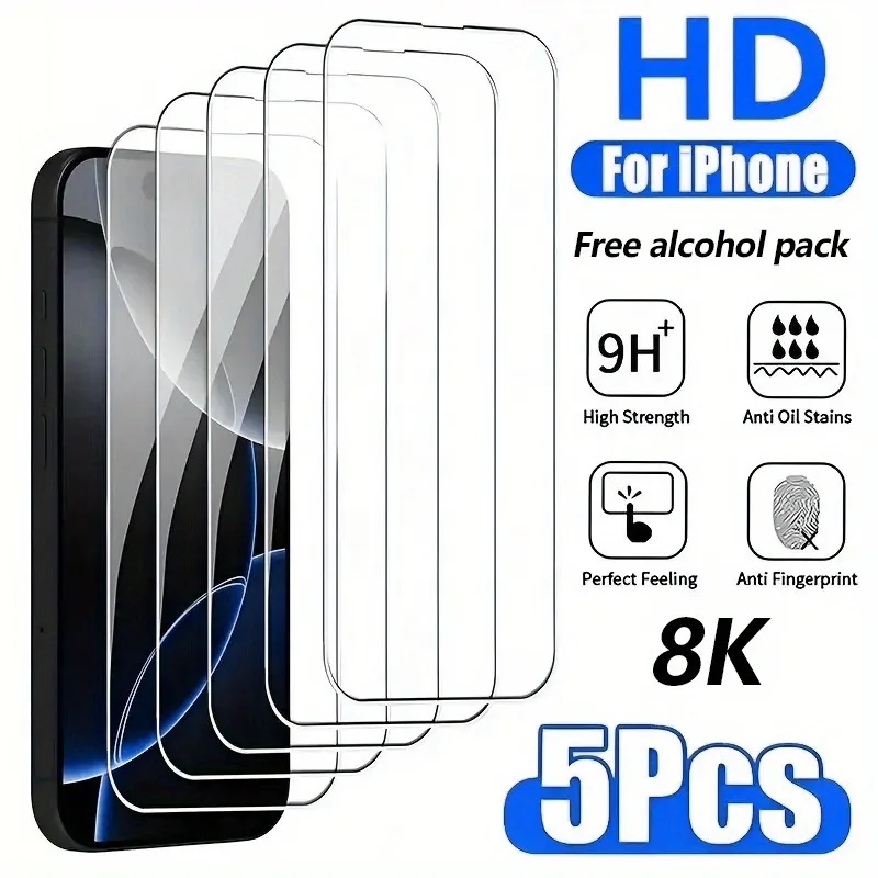 5 Stück High-Definition-Displayschutz aus gehärtetem Glas für iPhone 17 16 Pro Max 15 14 Plus 13 12 Mini 11 XR XS Max 7 8Plus Glas
