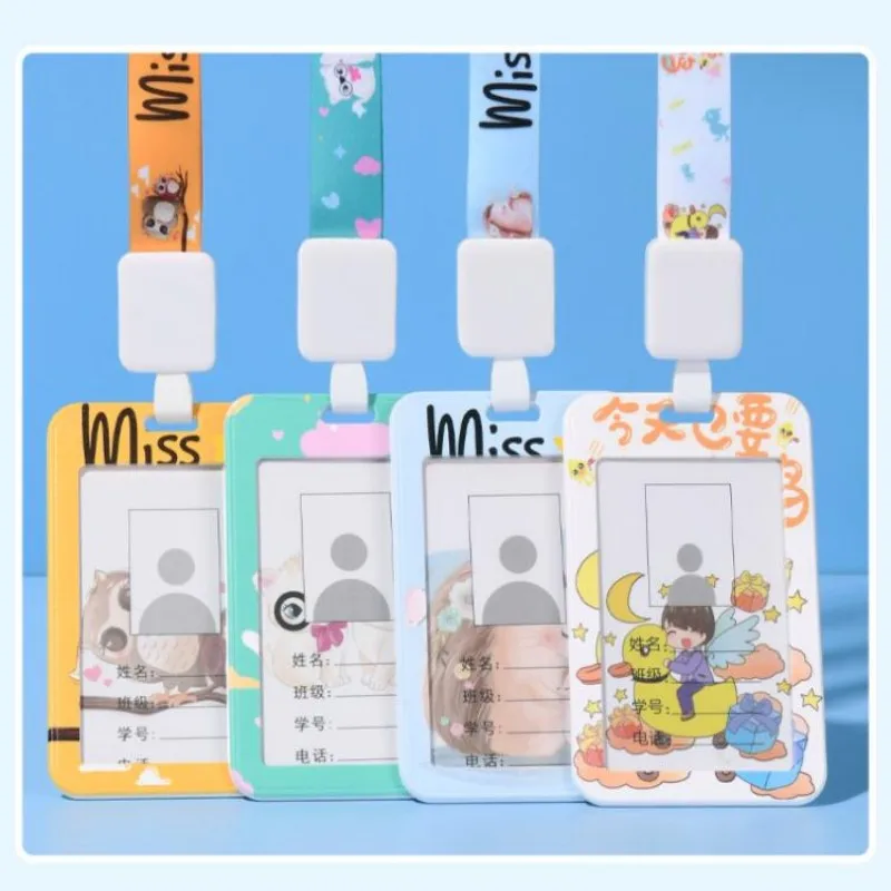 Student ID Card Holder School Badge Holder Card Protection Case Cartoon Pattern Card Holder Telescopic Lanyard