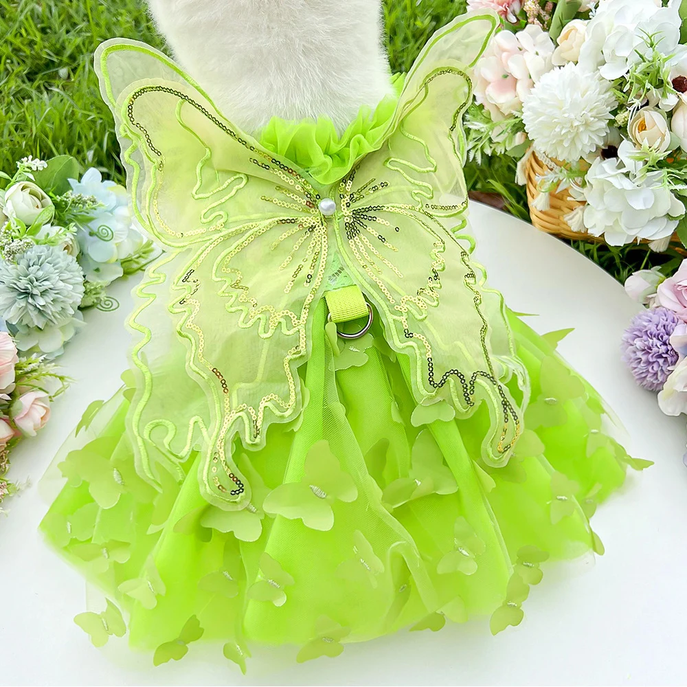 Pet Sequin Mesh Butterfly Lace Thin Princess Dress Puppy Bridal Gown Tulle Skirt Pet Apparel Dog Cat Green Butterfly Dresses