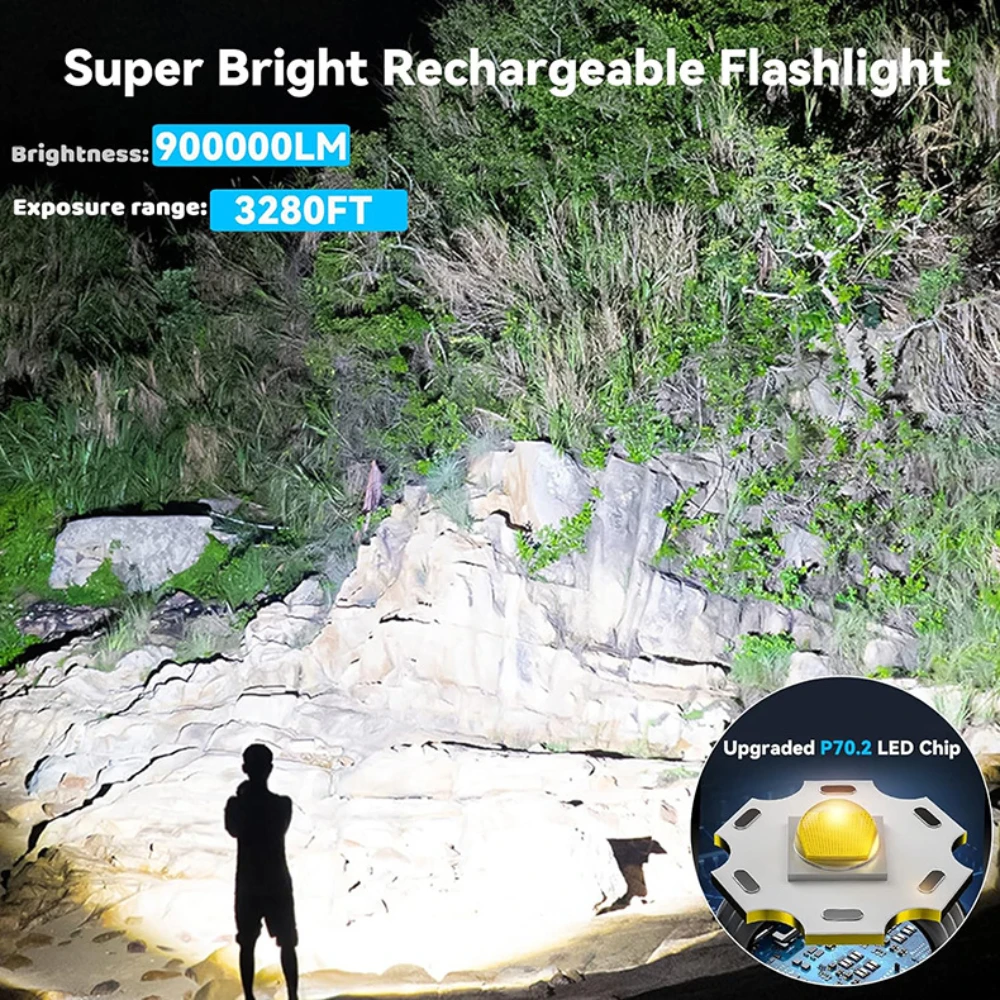 P70.2 10000mah Super Bright Tactical Flashlight Zoomable LED Flashlight with COB Side Light 7 Mode Floodlight Outdoor Flashlight