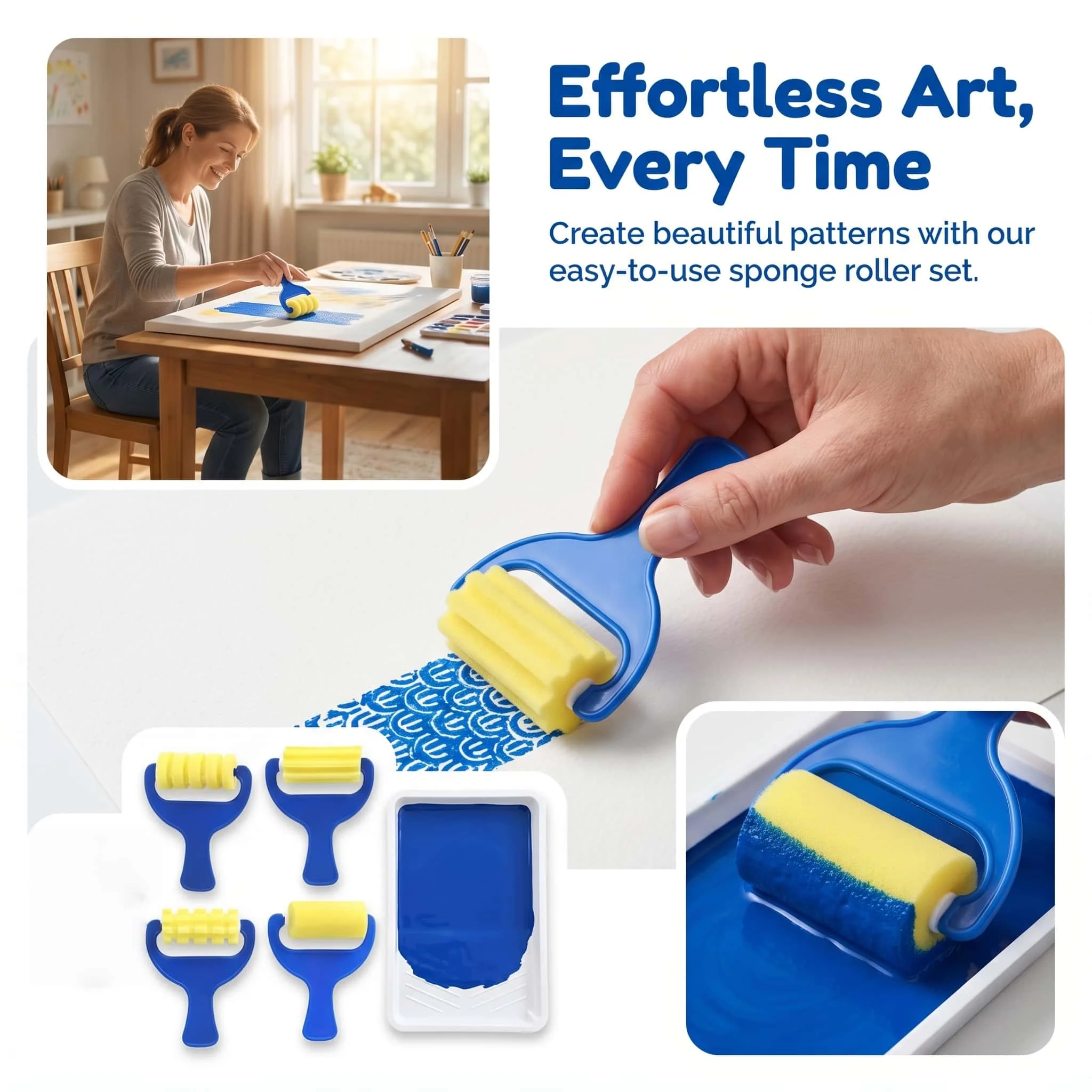 4Pcs Sponge Roller Paint Brushes, Rolling Stamp Cylinder Painting Tools for DIY Art & Craft Drawing