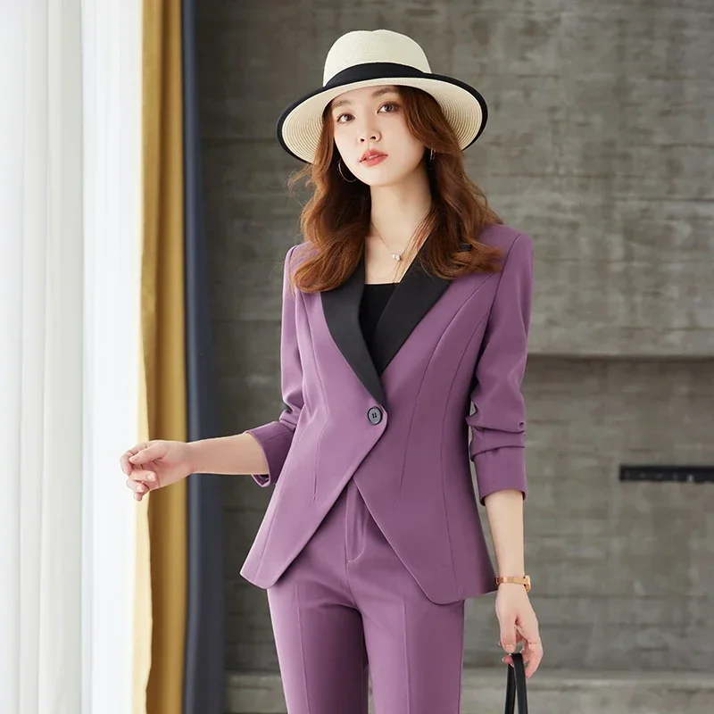 Insozkdg Autumn Retro Waistband Coat Straight Leg Pants Suit Commuting Color Contrast Single Button Tops + Pants Two-piece Set