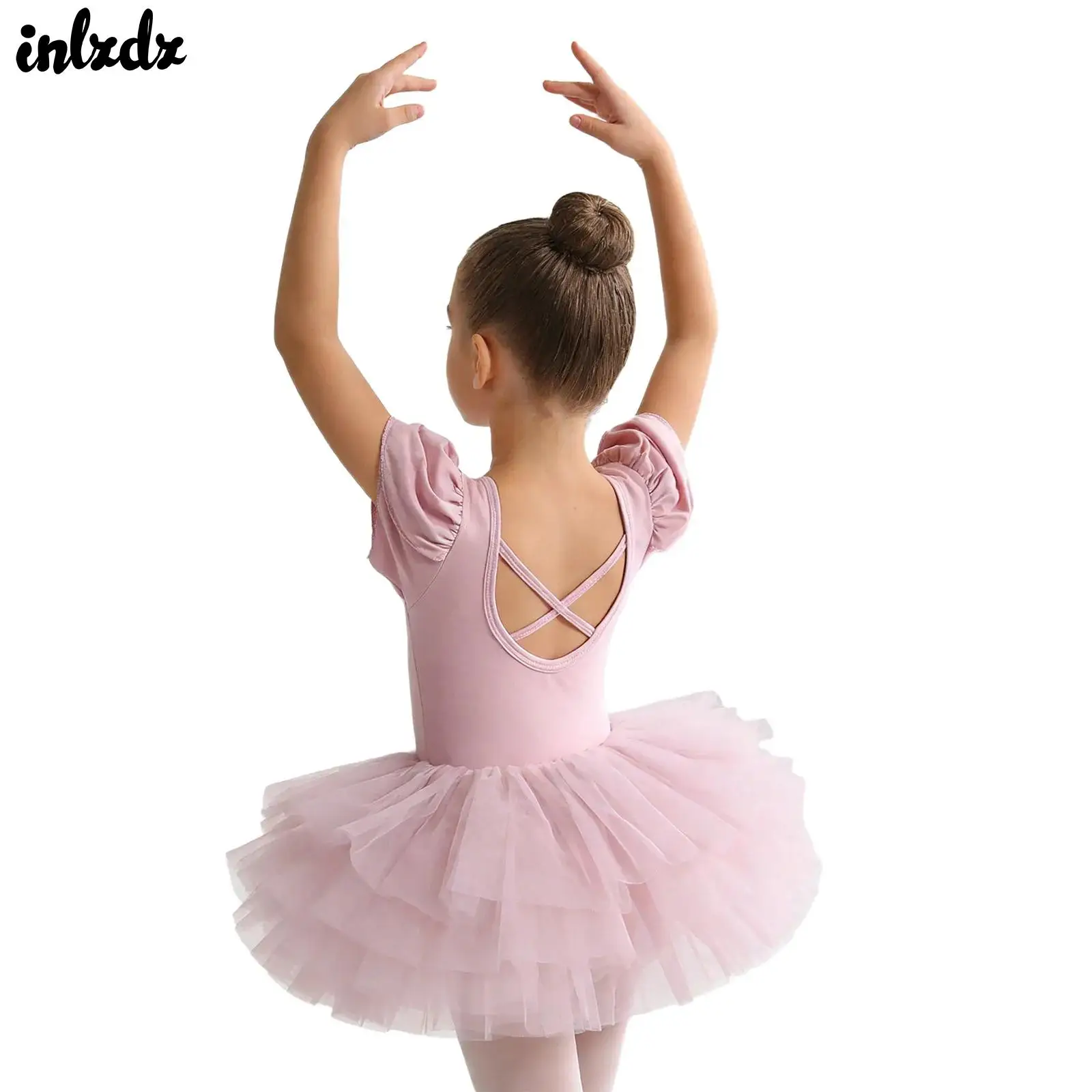 

Kids Girls Short Sleeve Layered Ballerina Tulle Dress Cross Back Glittery Rhinestones Ballet Dance Practice Performance Costume