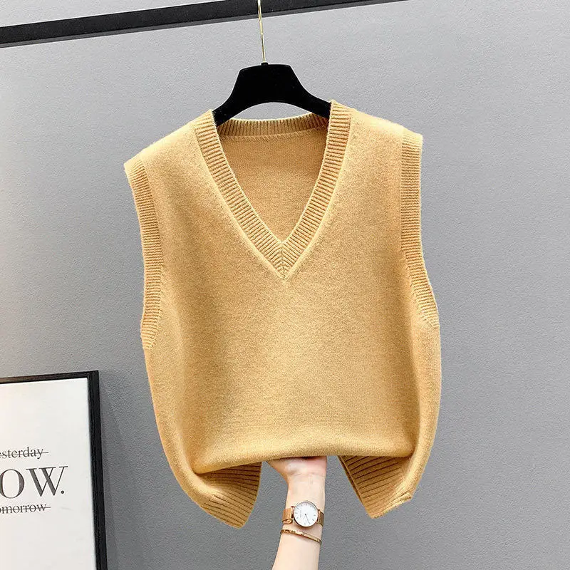 Autumn Winter V-Neck Sweater Knitted Vest Solid Color Pullover Women\'s Clothing Sleeveless Elegant Preppy Style Elegant Tops