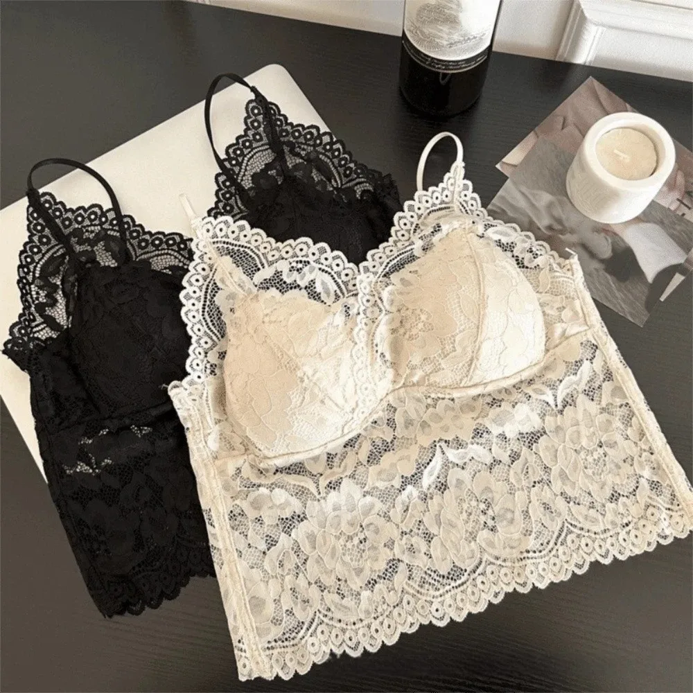 Top Corto de Encaje con Flores de Malla, Estilo Dulce para Primavera y Verano, Camiseta sin Mangas para Chicas, Estilo Picante, Camiseta Interior con Relleno