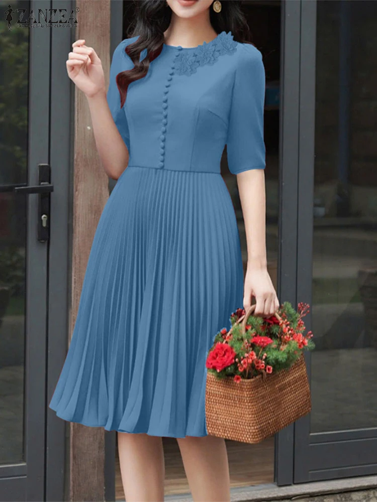 ZANZEA 2025 女性のサマードレスエレガントな 3D フラワーウエストエレガントなパーティーサンドレスファッションプリーツ膝丈オフィス Vestidos