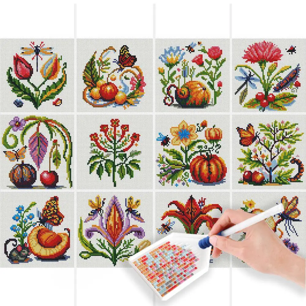 HUACAN 12 Stück 5D-Diamantgemälde, Blume, Tier, Obst, DIY, runde Diamant-Stickerei, handgefertigt, Geburtstagsgeschenk, Tischdekoration
