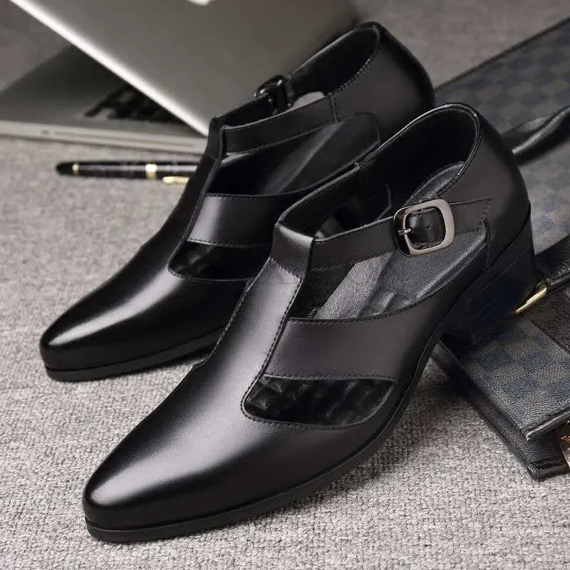 Mens Genuine Leather High Heel Dress Sandals Daily Business Office Work Sandals Trendy Hollow Pointed Toe Buckle Sandals