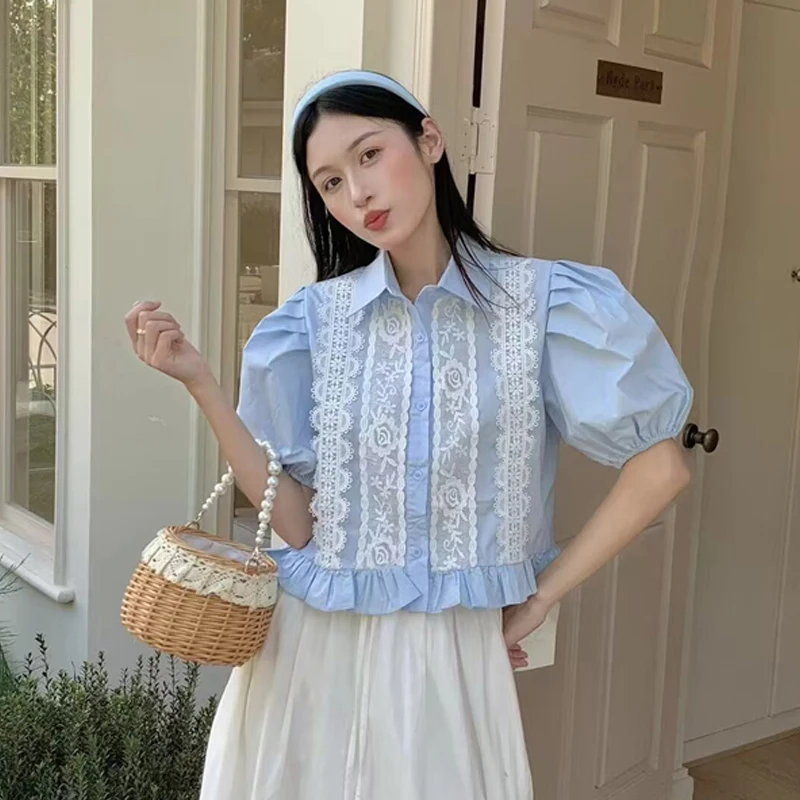 

2025 summer new Korean version ruffled French style bubble sleeve top women's lace embroidered flower splicing shirt